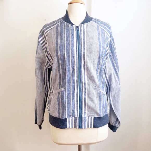 Ashley Stewart Womens Size 12 Blue Striped Zip-Up Linen-blend Chambray Jacket - Picture 1 of 6